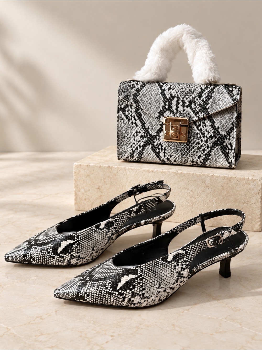 Chic Set: Black & White Snake-Print Slingback Pumps with Matching Mini Handbag